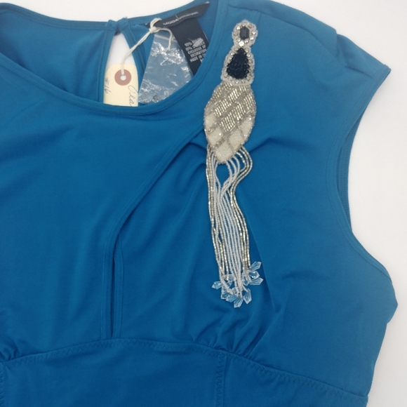 NEW Moda International VS ☆ 90s Y2K Blue Silk Beaded Stretch Tank Blouse Medium - Picture 2 of 16